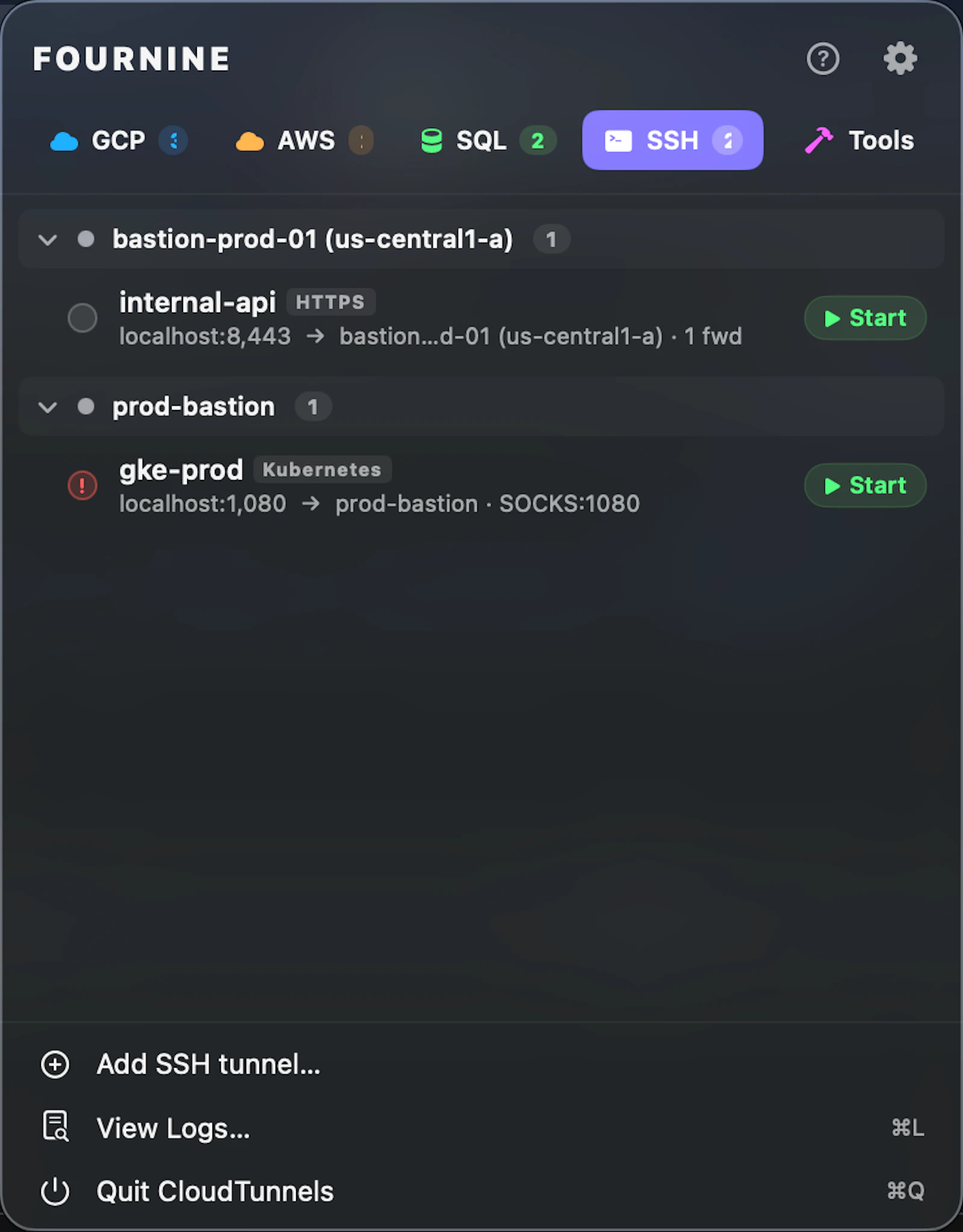 CloudTunnels-One menu bar. Every tunnel. screenshot 8