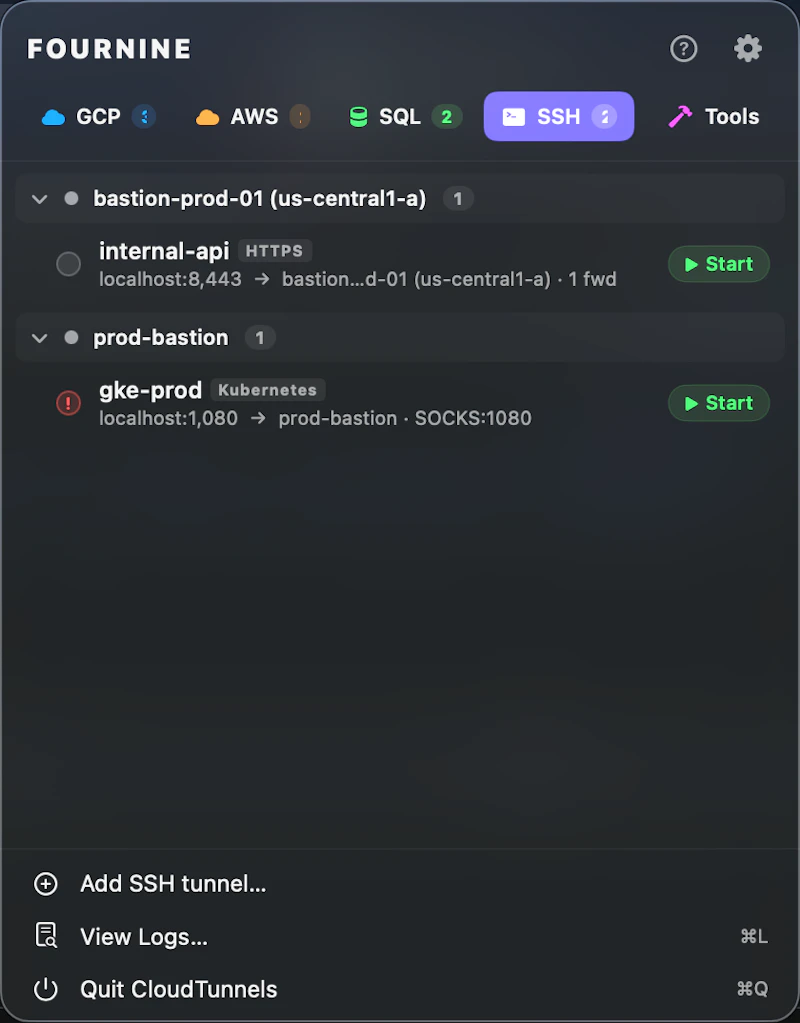 CloudTunnels-One menu bar. Every tunnel. screenshot 8