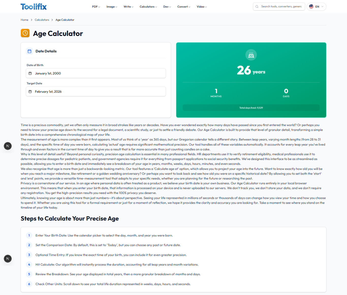 Toolifix Age Calculator - Main product screenshot demonstrating key features and user interface