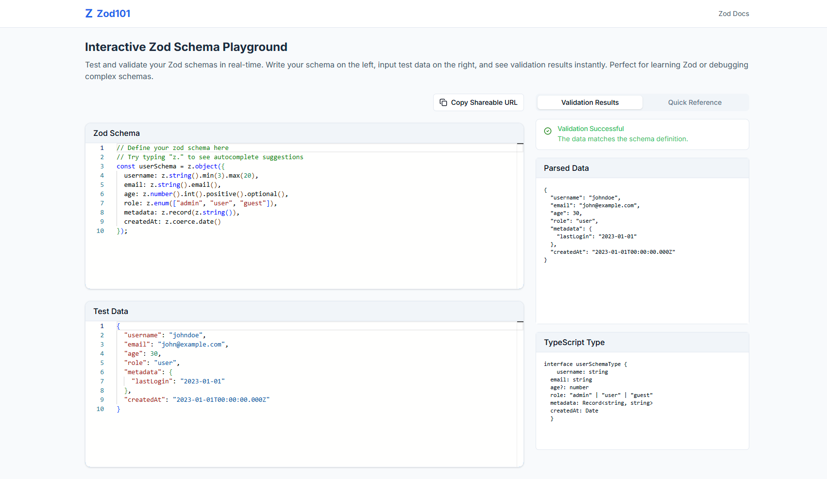 zod101 - Interactive Zod Schema Playground & Validator media 1