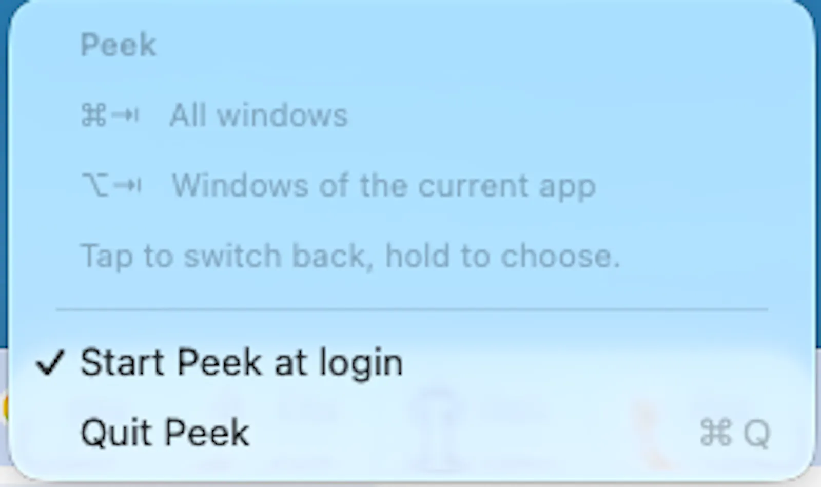 Peek — a minimal macOS window switcher screenshot 2