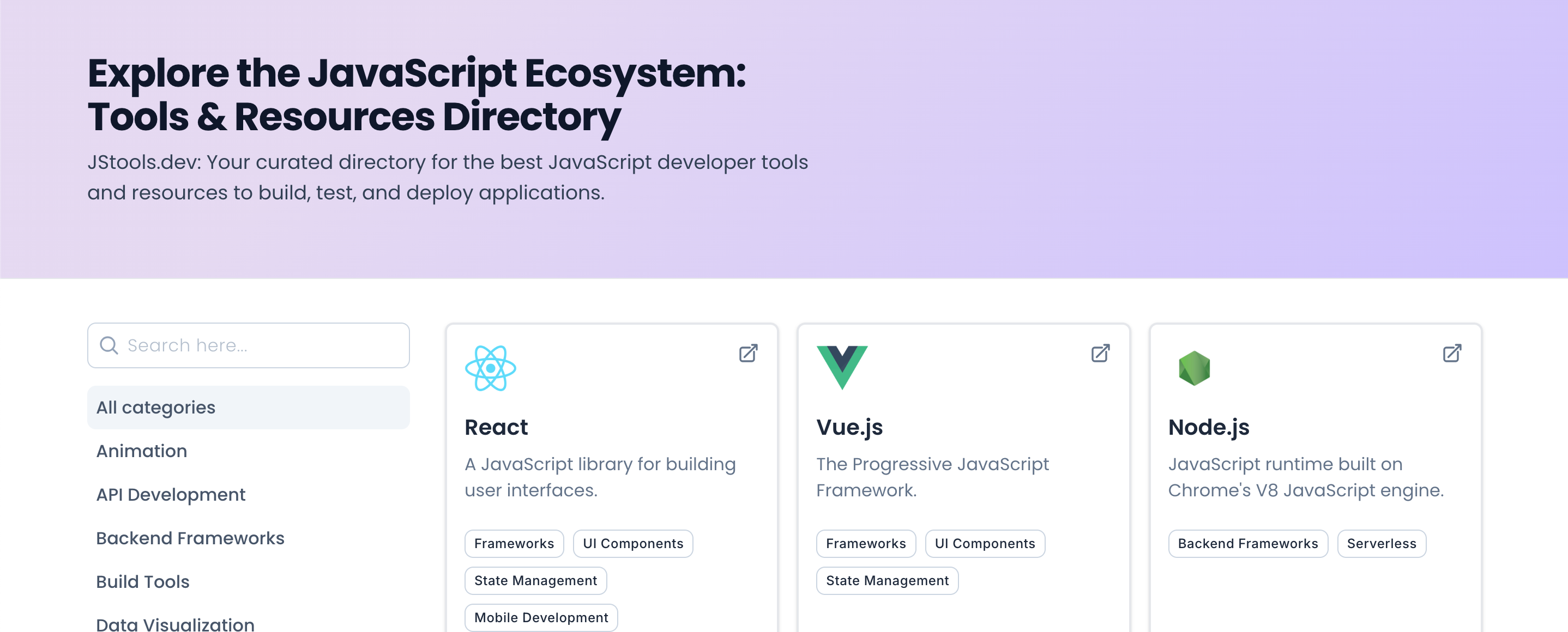 Mídia 1 de jstools.dev: hub para ferramentas de javascript
