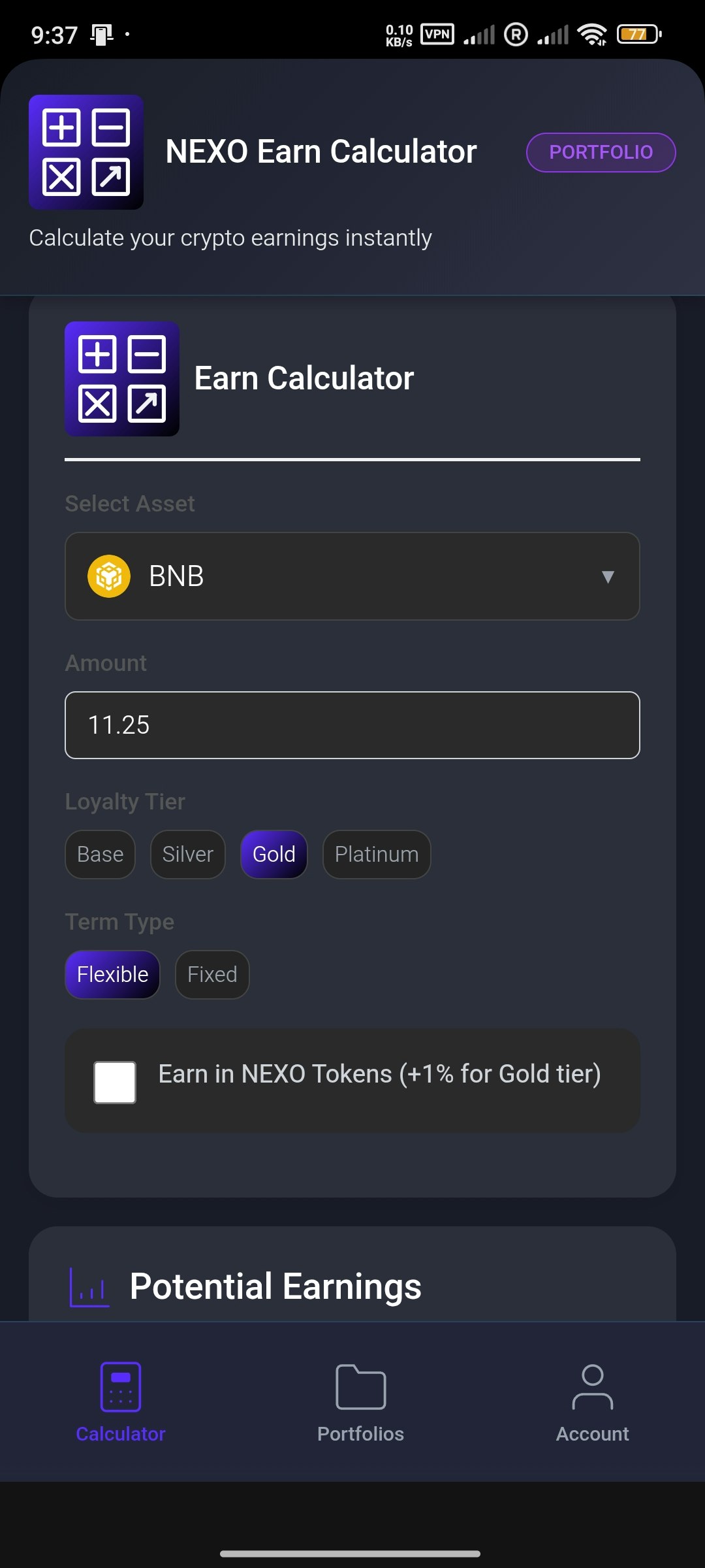 Nexo Earn Calculator - Main product screenshot demonstrating key features and user interface
