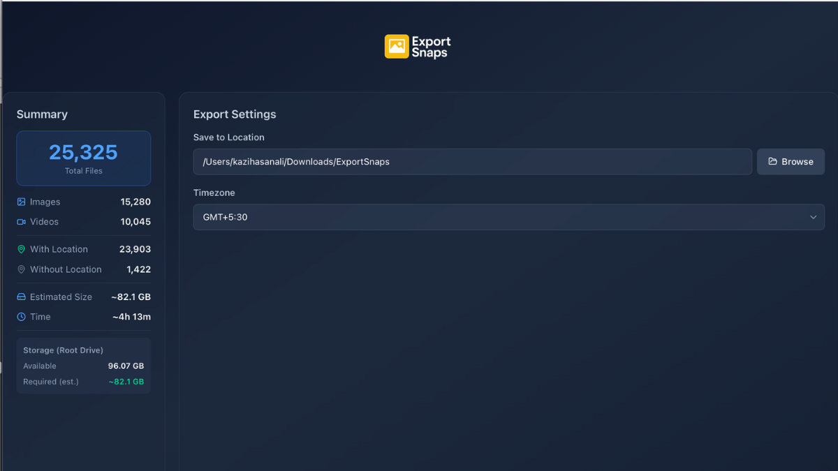 ExportSnaps - Main screenshot showing features and interface
