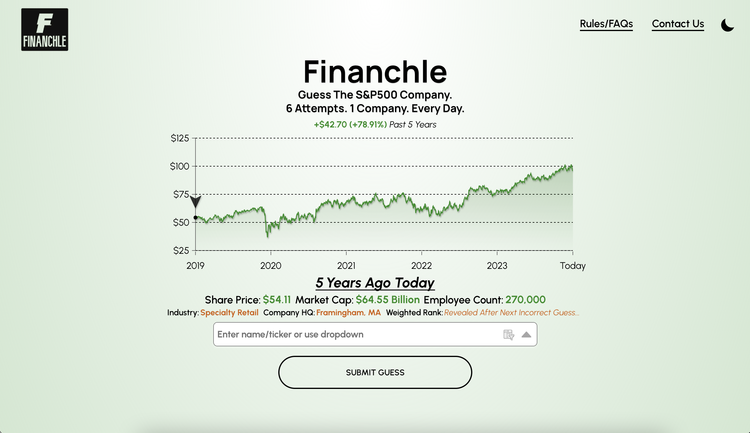 Financhle - The Wordle of Finance - Indovina la compagnia S & P500.6 tentativi.1 azienda.Ogni giorno. media 4