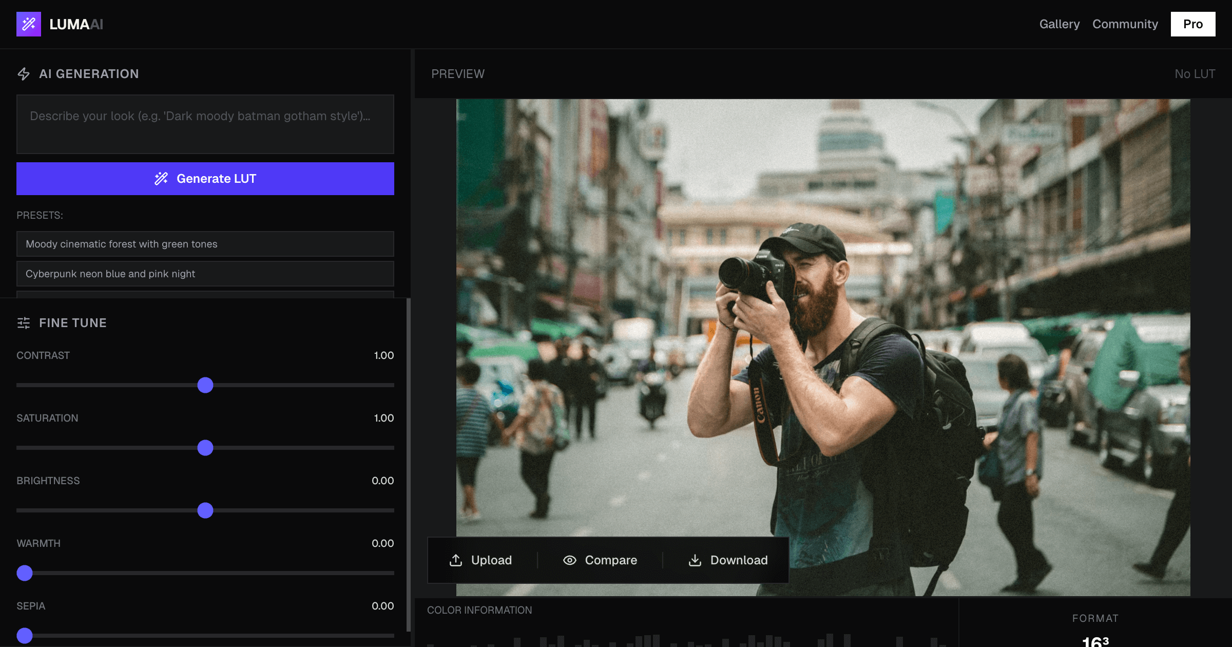 LUTGen – AI-Powered LUT Generator - Main product screenshot demonstrating key features and user interface