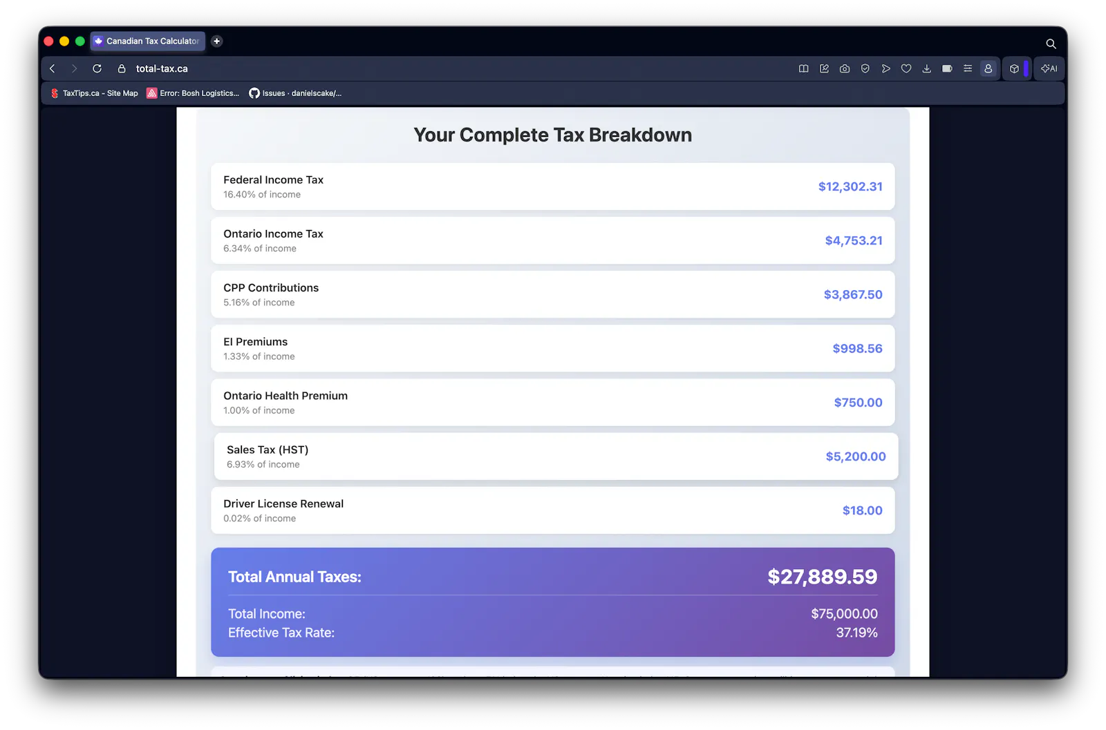 Canadian Tax Calculator screenshot 2
