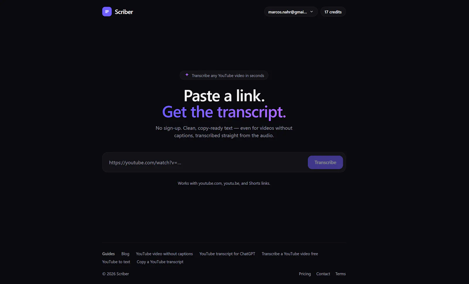 Scriber — YouTube transcripts, instantly screenshot 1