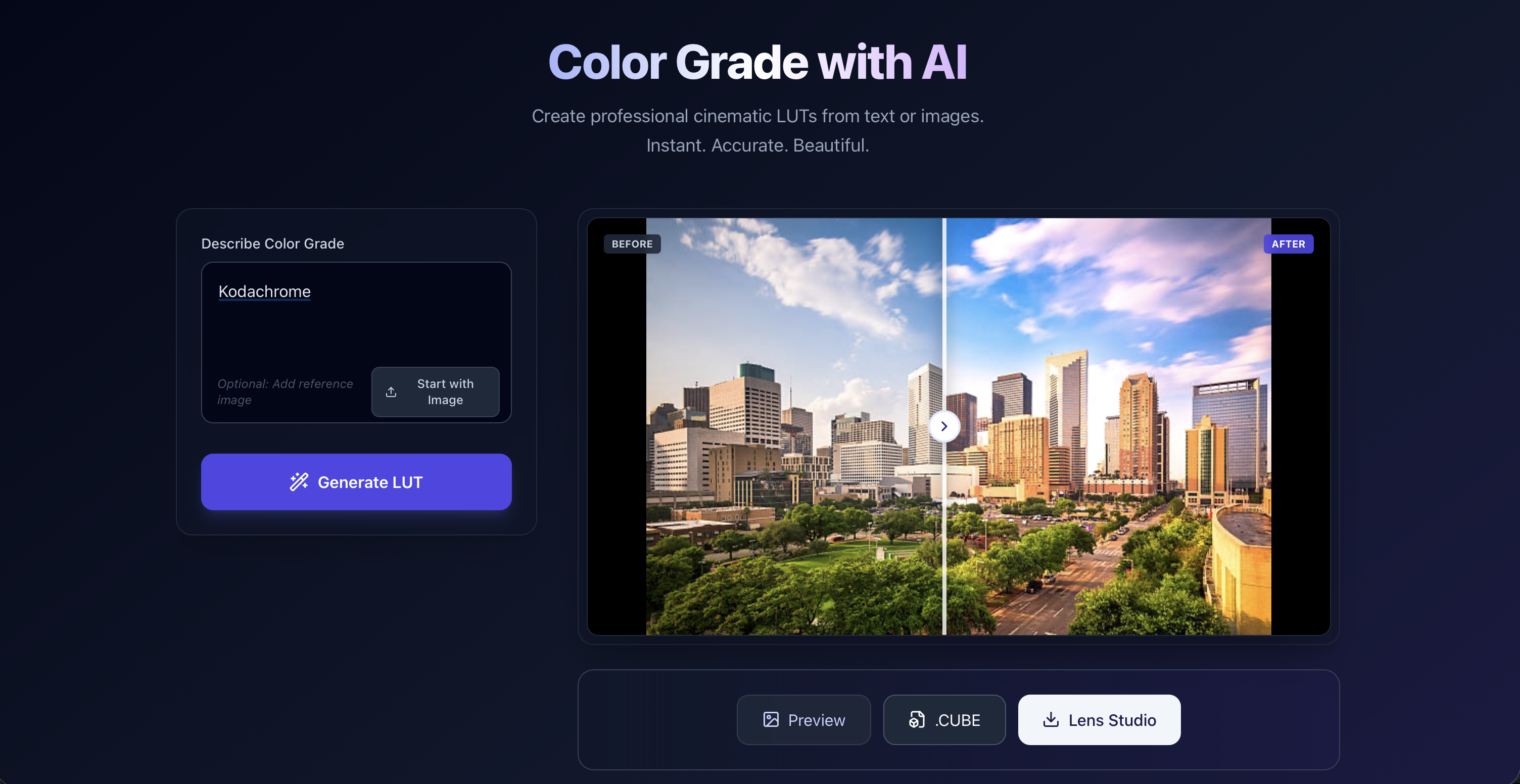 AI LUT Generator - Main product screenshot demonstrating key features and user interface