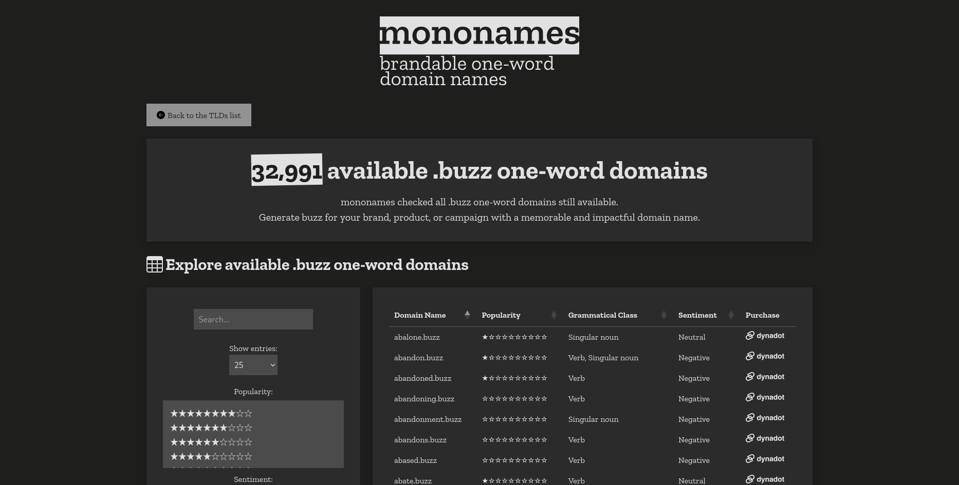 Mídia 2 de Mononames Web App - Maior fonte de domínios de uma palavra disponíveis para startups