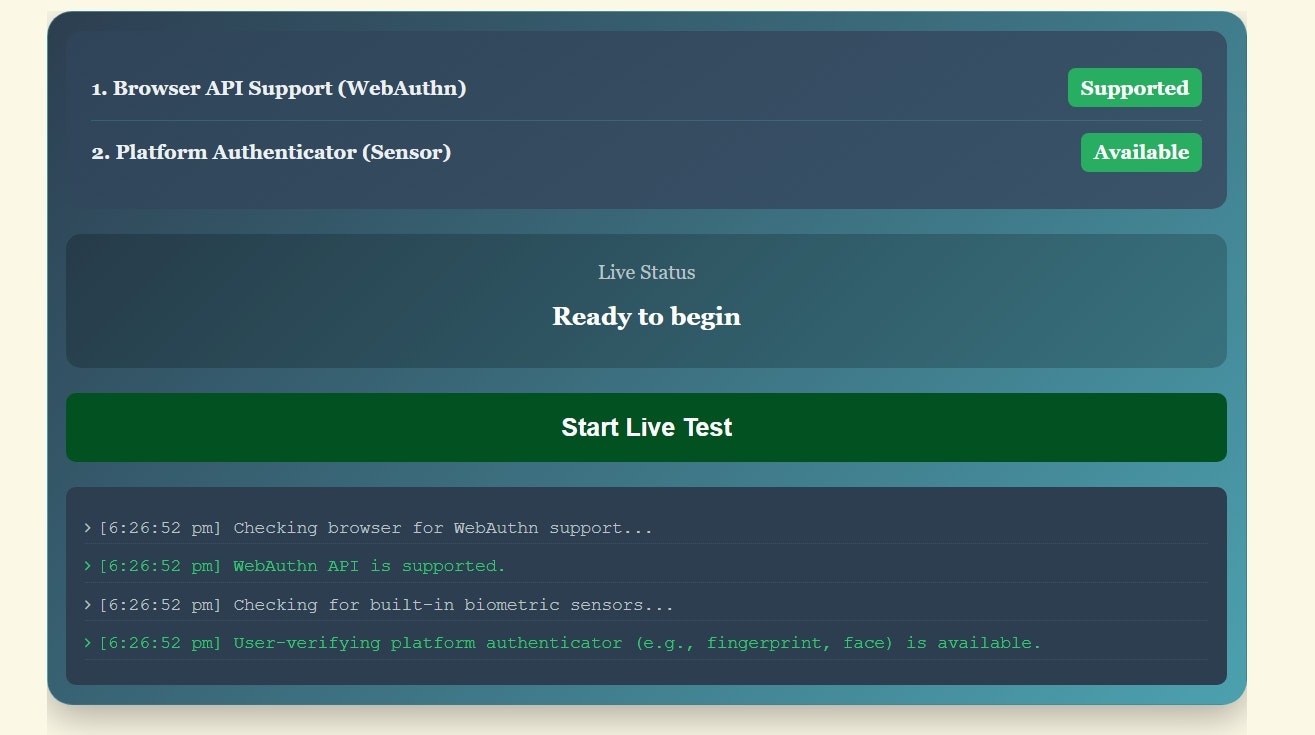Fingerprint Sensor Test Online - Main screenshot showing features and interface