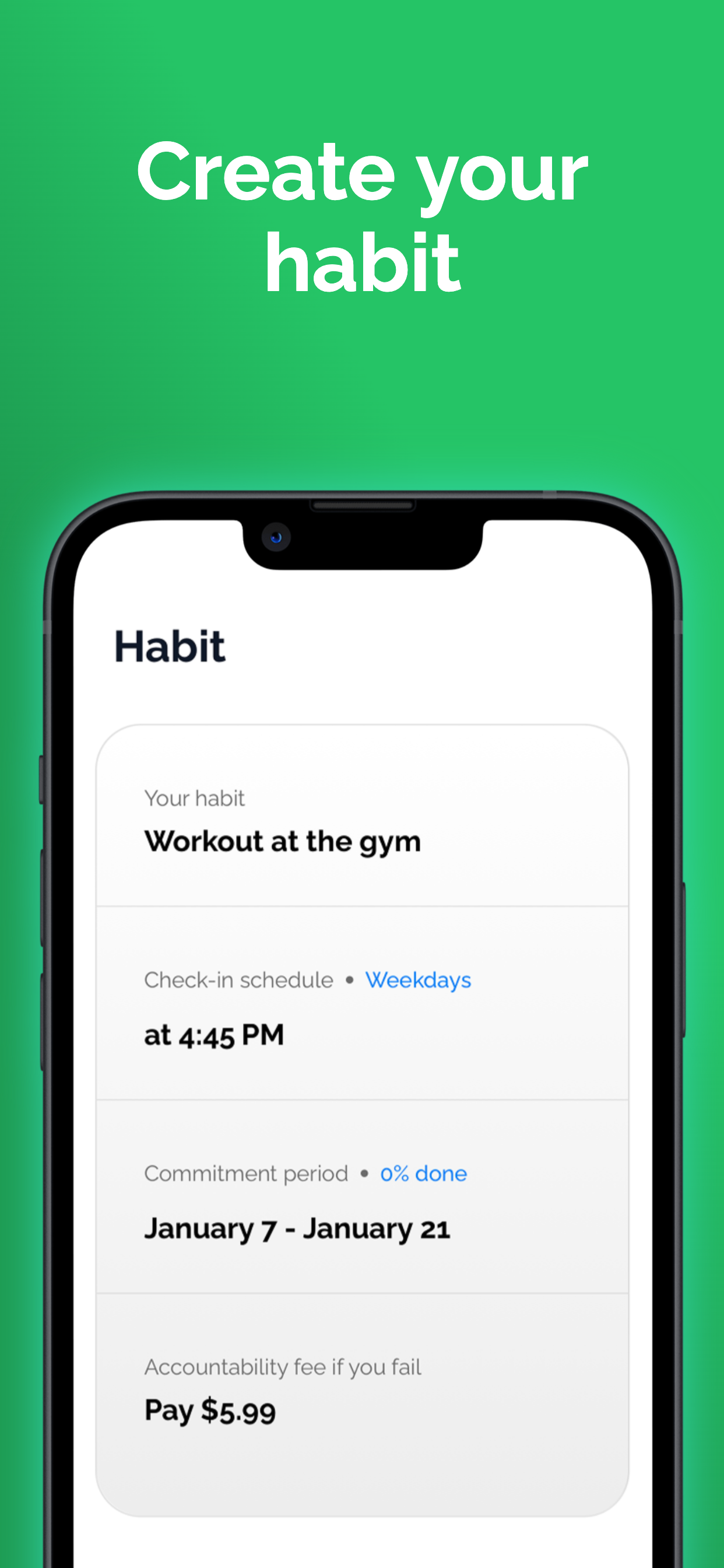 Commit to habit, pay if you fail - Main product screenshot demonstrating key features and user interface