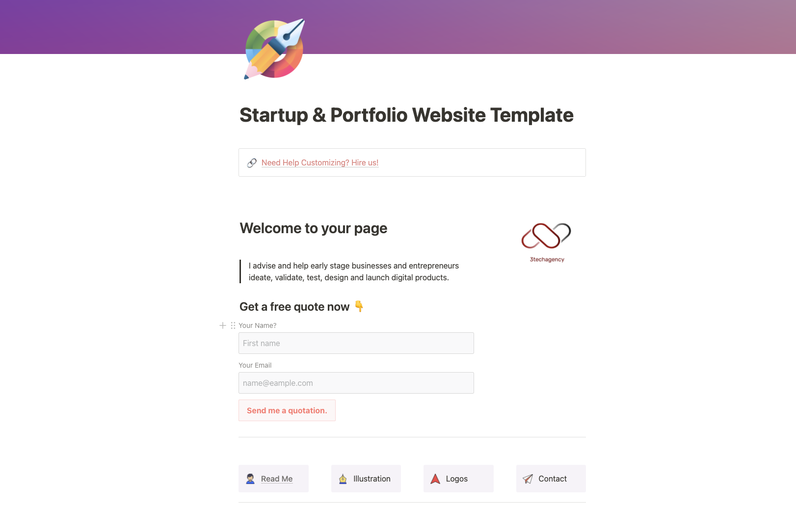 Modelo de site de startup e portfólio