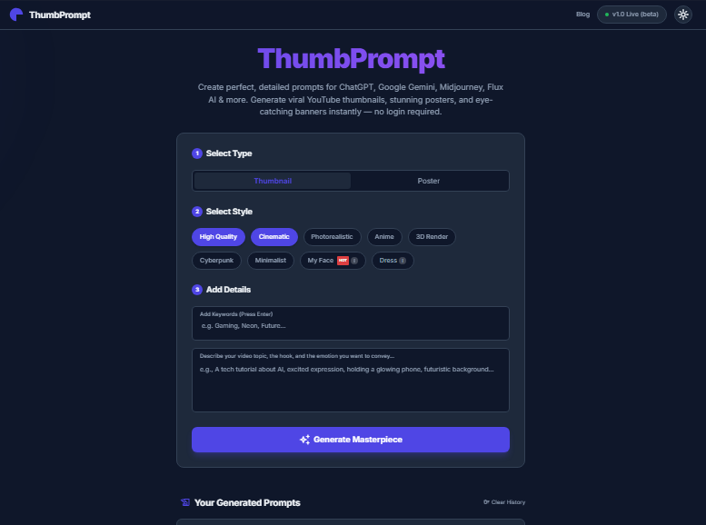 ThumbPrompt - Main product screenshot demonstrating key features and user interface