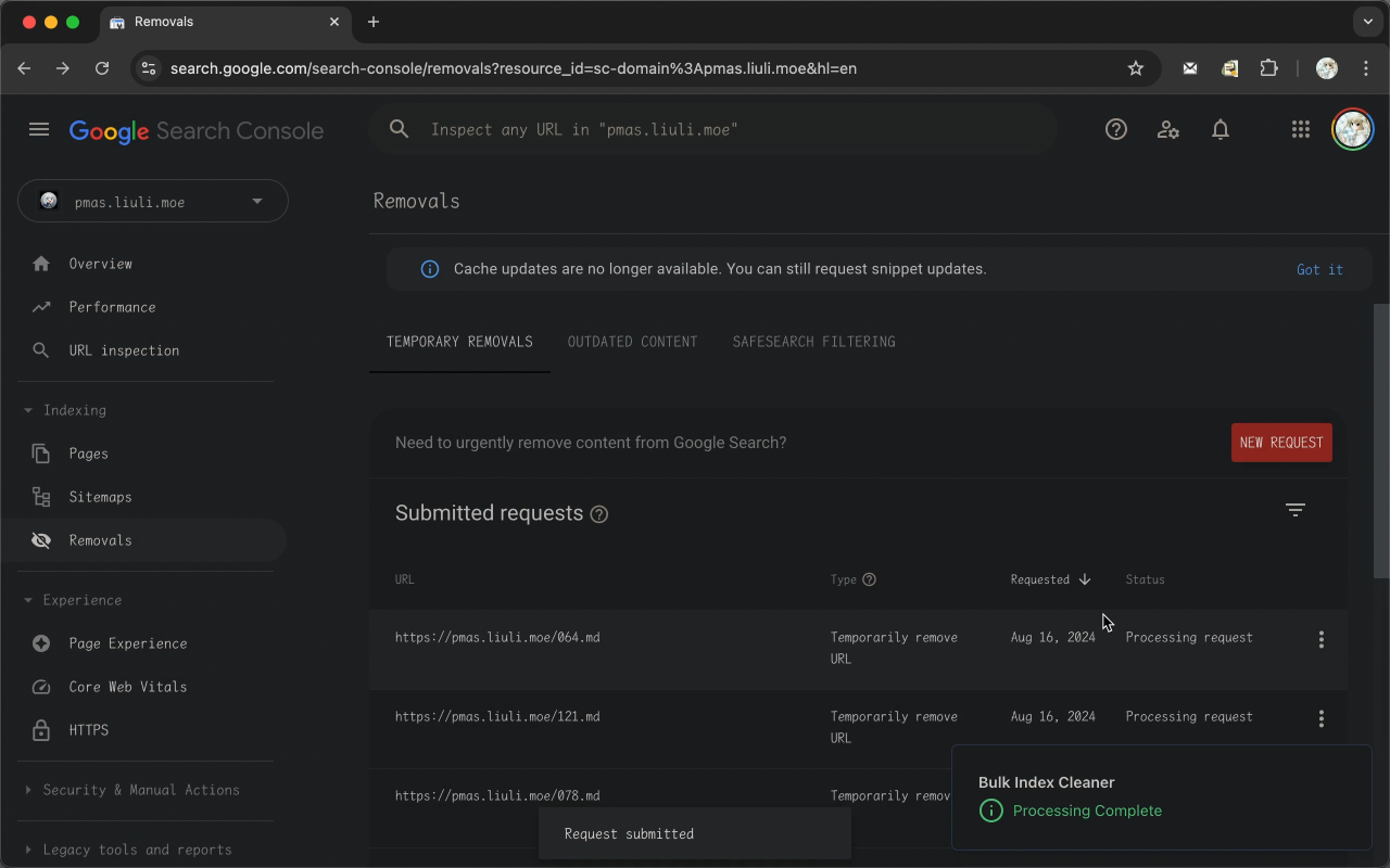 Google Search Console Console Очистка индекса media 5