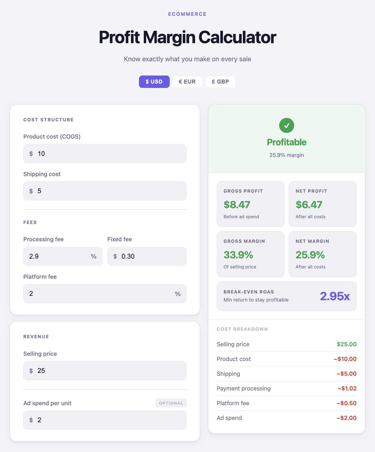 EcomCalc — Free Ecommerce Calculators - Screenshot 2 showing product features and functionality