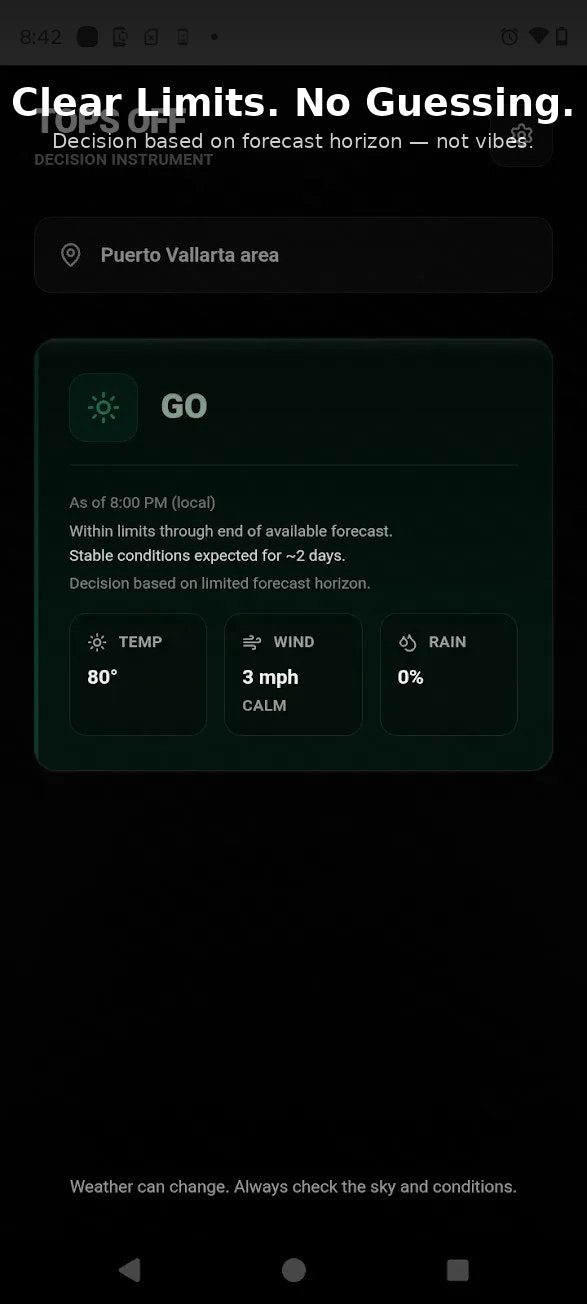 Tops Off – Jeep Weather Decision App - Screenshot 2 showing product features and functionality