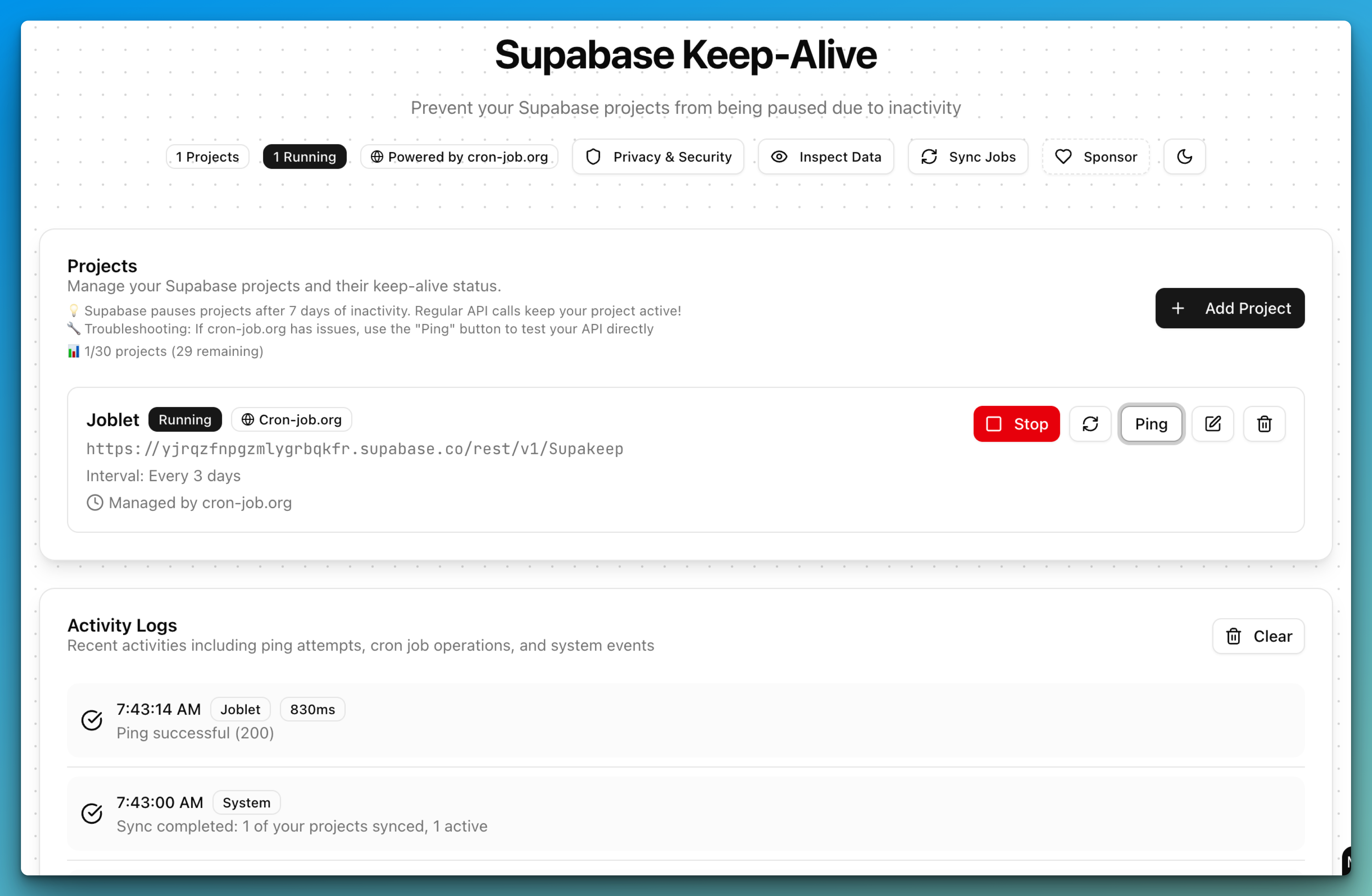 وسائط supakeep - منع مشروع Supabase من التوقف بسبب عدم النشاط 1