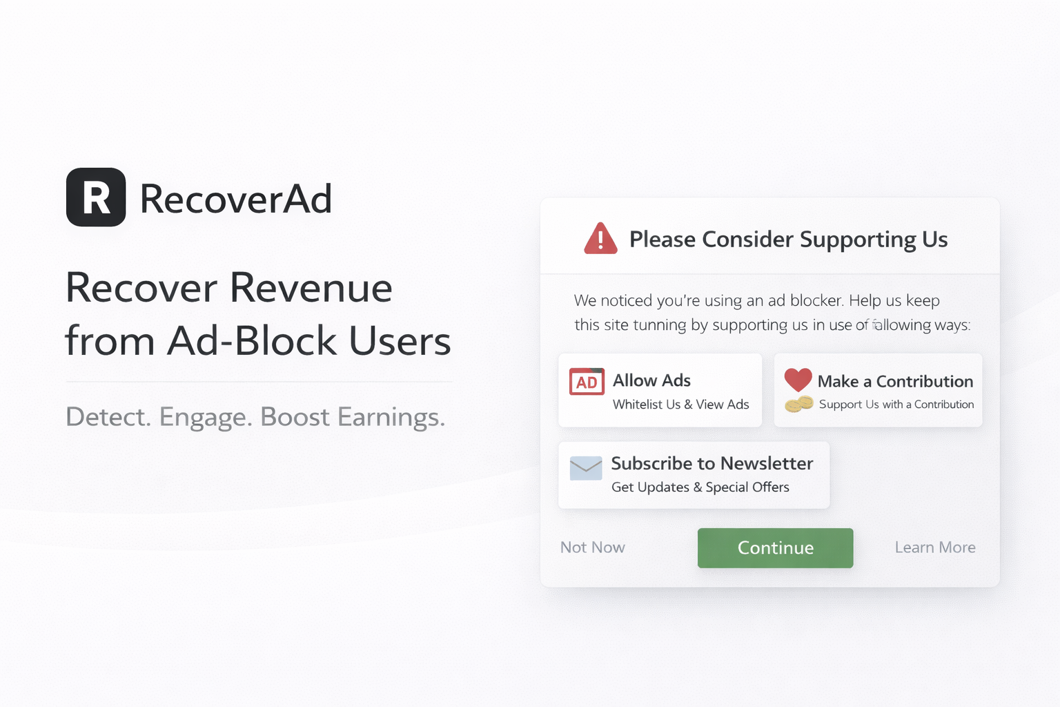 RecoverAd-AdBlock Recovery for Publisher - Main product screenshot demonstrating key features and user interface