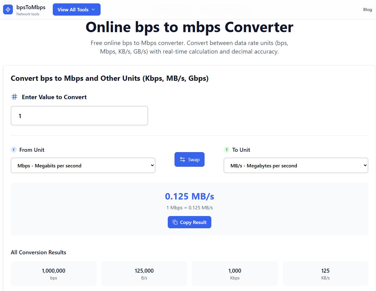 Média convertisseur BPS à MBPS - Calculatrice de bande passante en ligne gratuite 2
