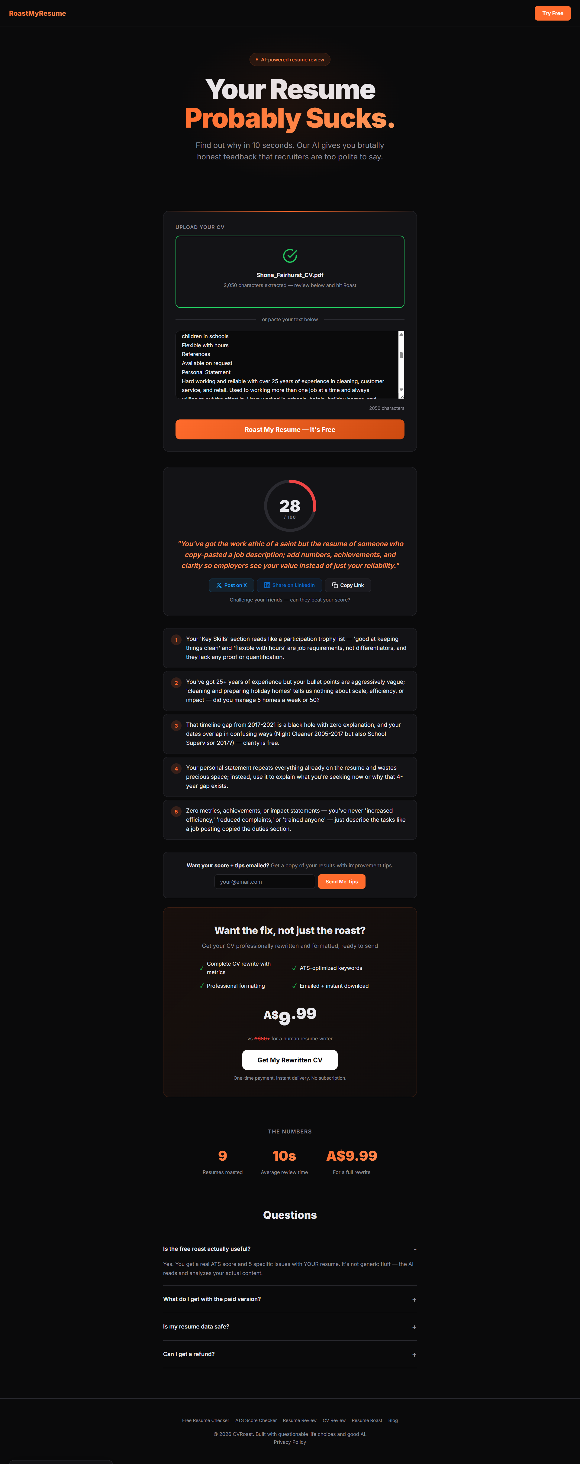 CV Roast - Screenshot 3 showing product features and functionality