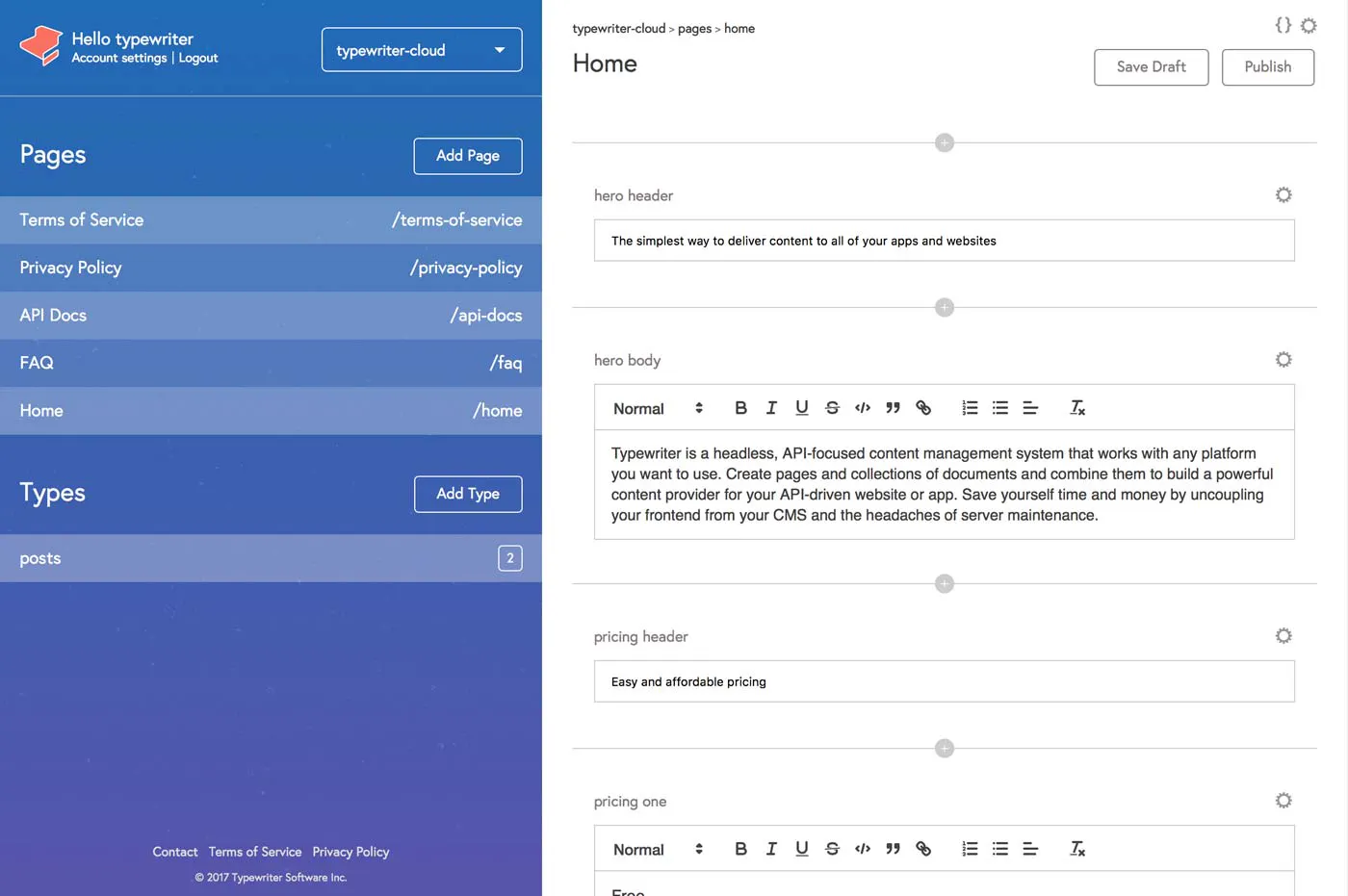 Typewriter Cloud CMS