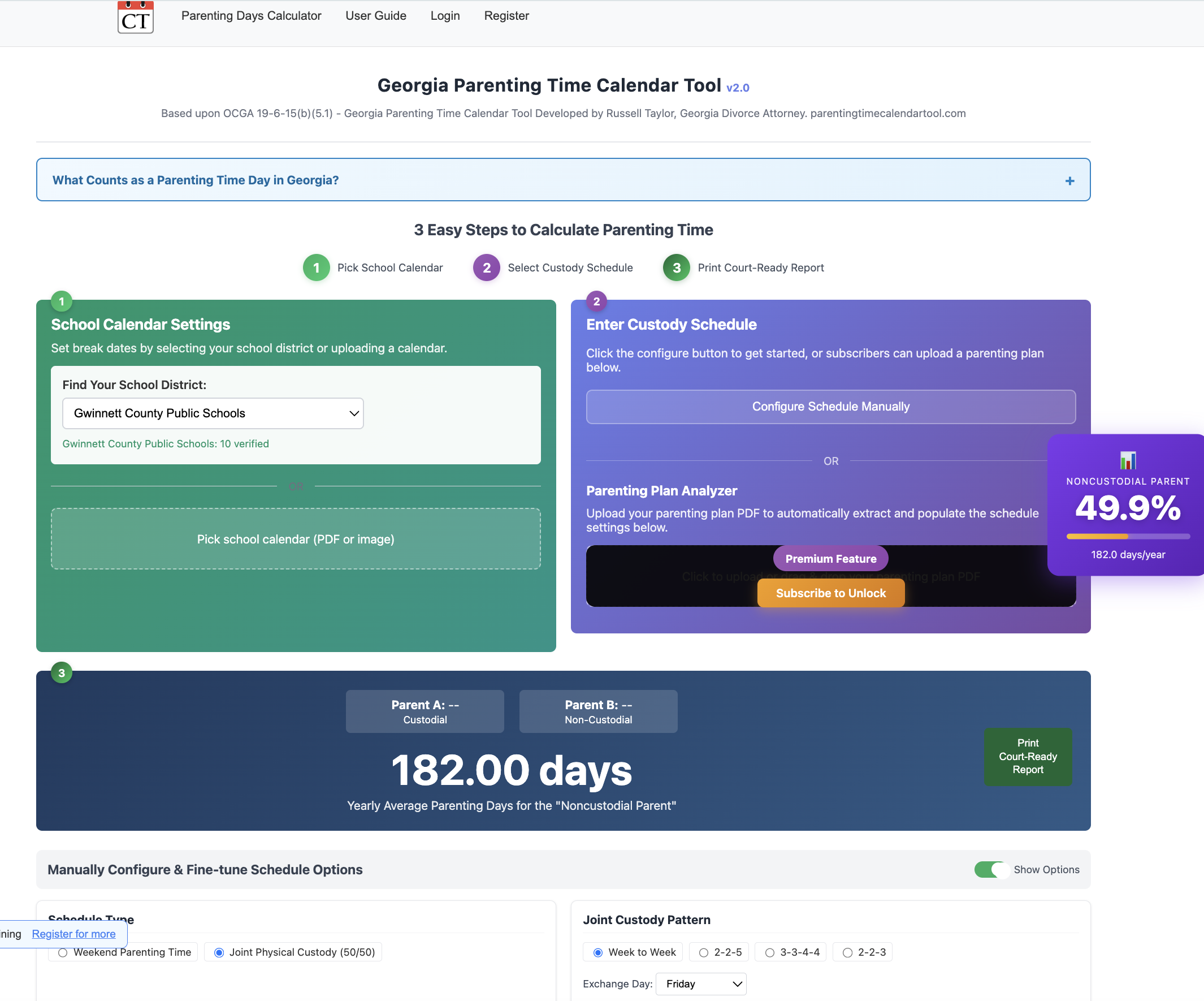GA Parenting Time Calendar Tool - Main product screenshot demonstrating key features and user interface