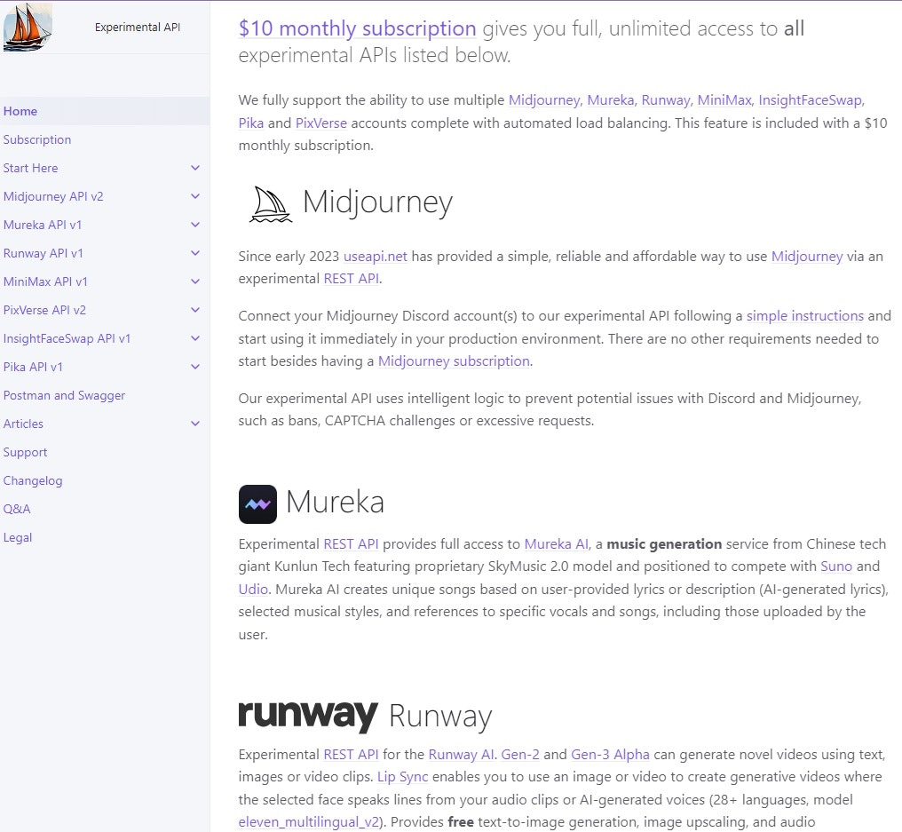 API ของบุคคลที่สามสำหรับบริการ AI ยอดนิยม - Midjourney Mureka Runway Minimax InsightFaceswap Pixverse media 2