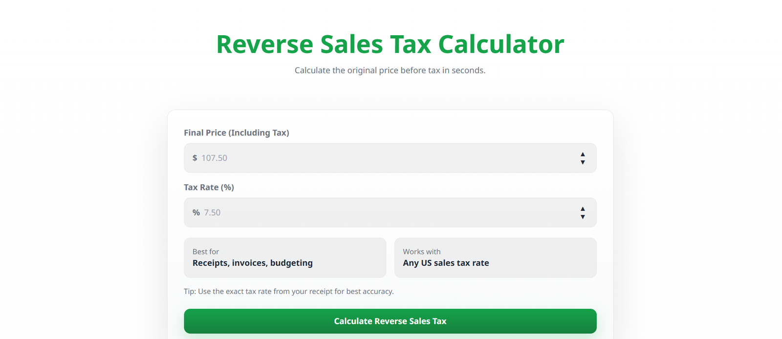 Reverse Sales Tax Calculator - Main product screenshot demonstrating key features and user interface