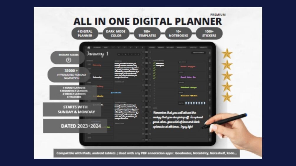 ทั้งหมดในหนึ่ง Dark Mode Digital Planner - ยกระดับประสบการณ์การวางแผนของคุณในปี 2567 media 1