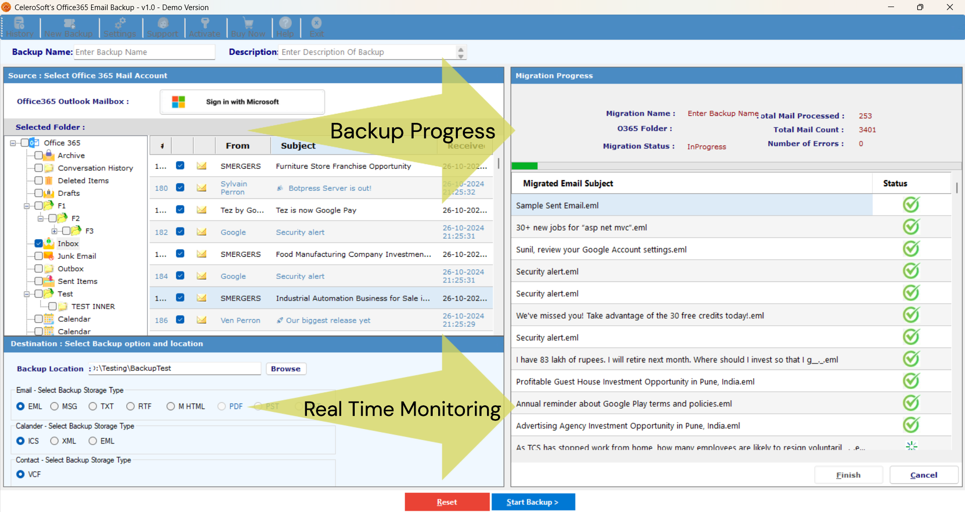 Celerosoft's Office 365 Email Backup - Screenshot 3 showing product features and functionality