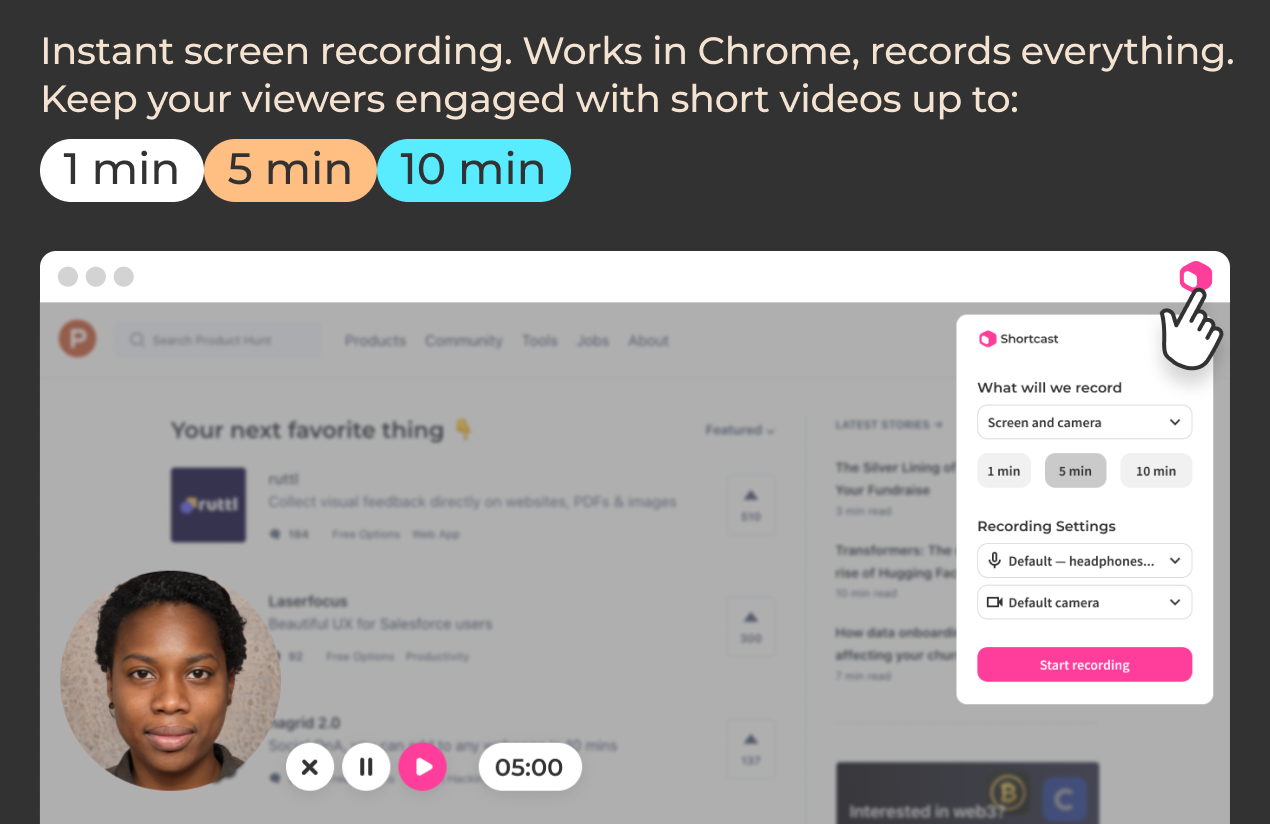 Shortcast.io - Brevi note video in Chrome con un suggerimento basato su smartphone media 5