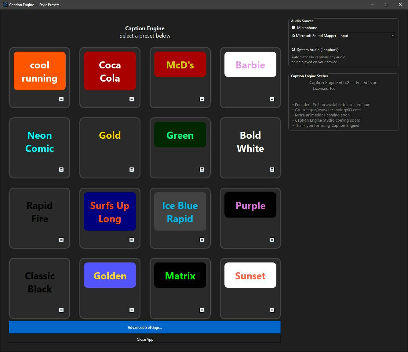 Caption Engine - Easy Real Time Captions - Main product screenshot demonstrating key features and user interface