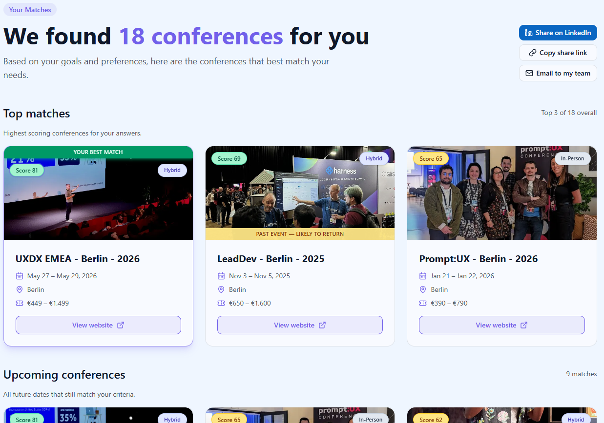 Product Conference Matcher - Screenshot 2 showing product features and functionality