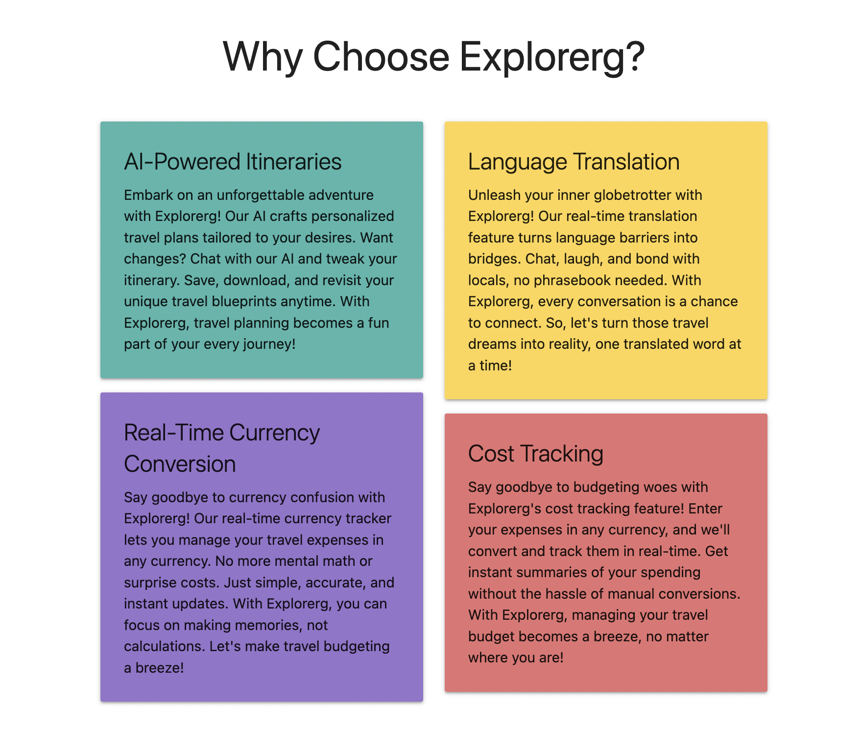 Explorerg - Descubra, planifica tus viajes - Itinerarios personalizados Traducción de idiomas Seguimiento de costos media 1
