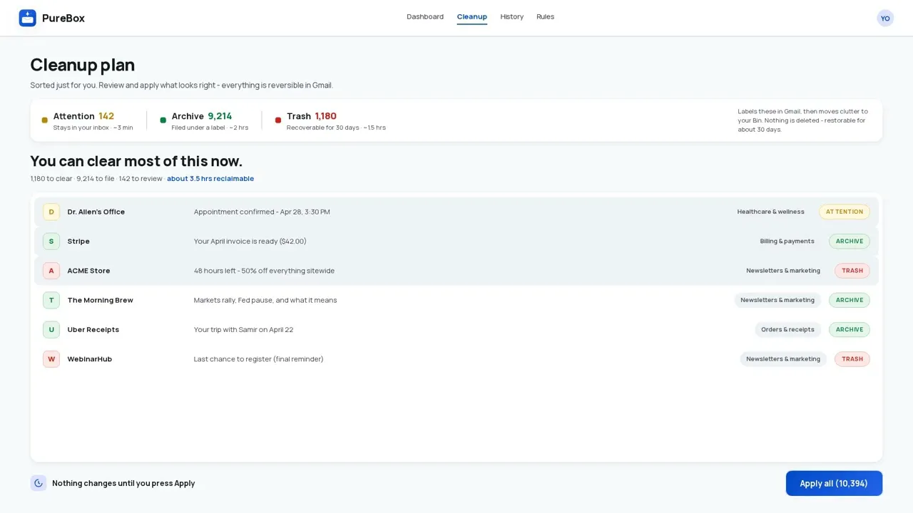 startuptile PureBox.ai-Review-first AI cleanup for your real Gmail inbox.