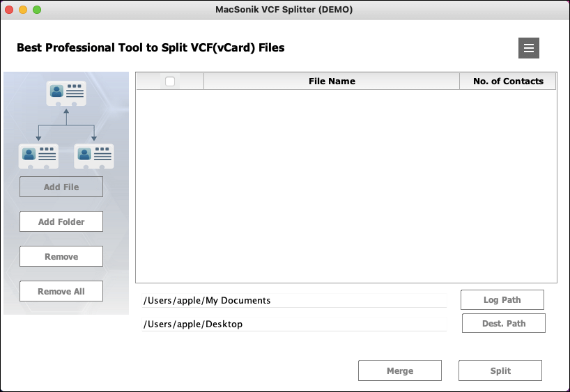 MacSonik VCF Split & Merge Tool - Main product screenshot demonstrating key features and user interface