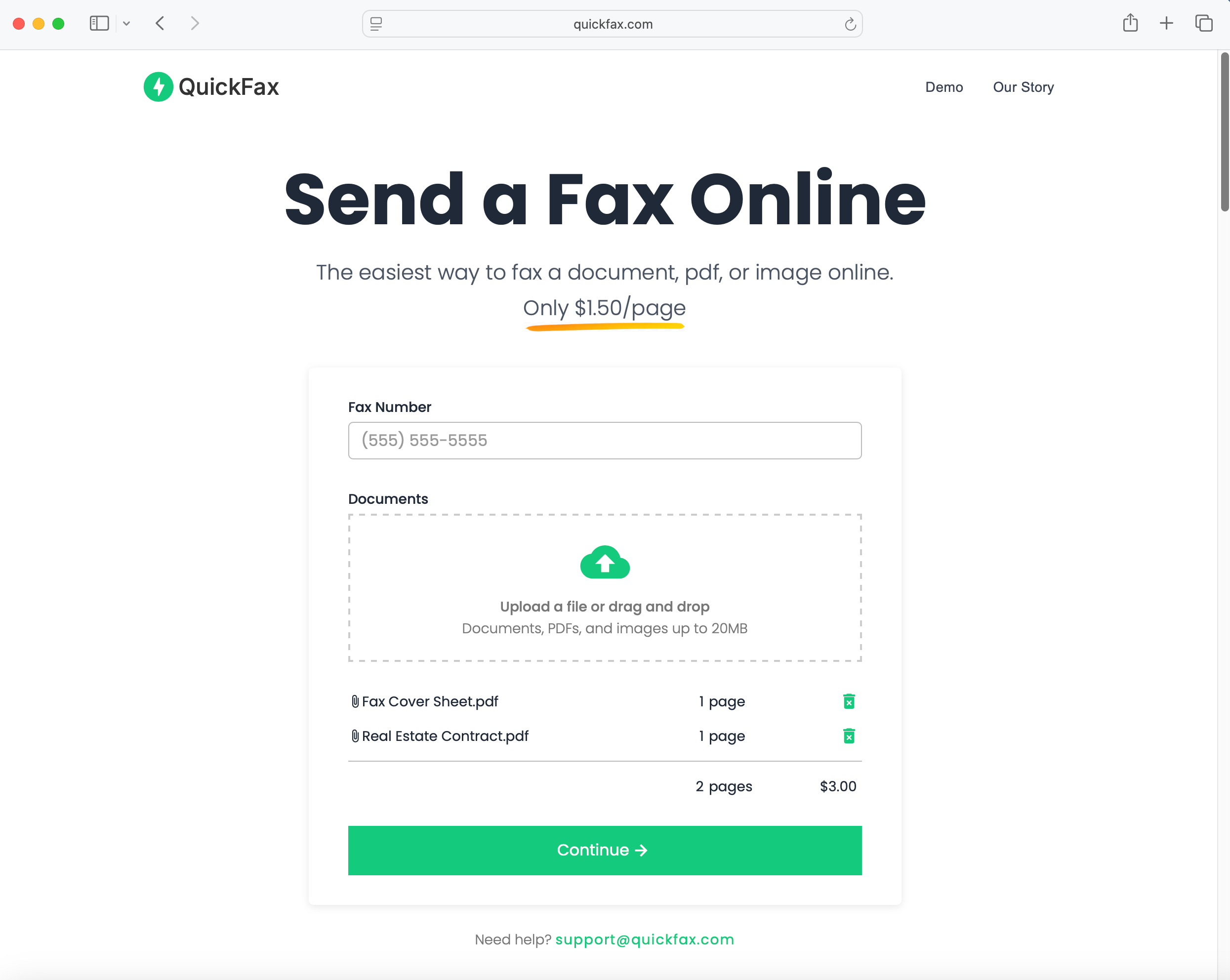QuickFax - Main screenshot showing features and interface