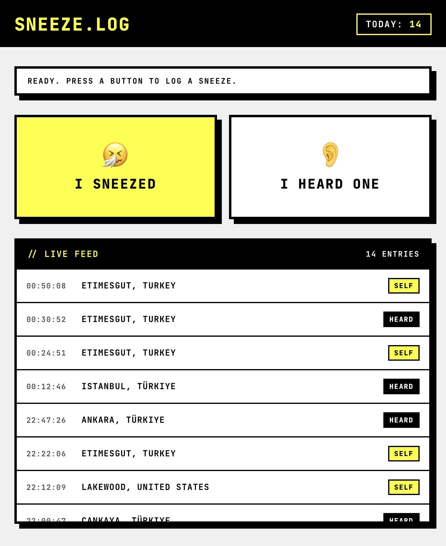 SNEEZE.LOG - Main product screenshot demonstrating key features and user interface