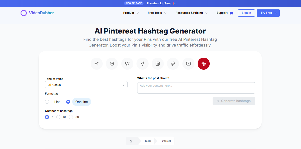 เครื่องกำเนิดแฮชแท็ก Pinterest - เครื่องมือฟรีสำหรับ Pinterest |videodubber.ai media 3