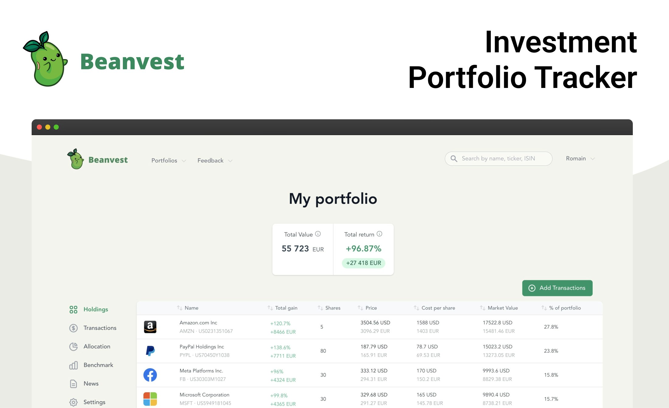 Media Beanvest - Pelacak portfolio pelaburan untuk stok, ETF, cryptos, dll 2