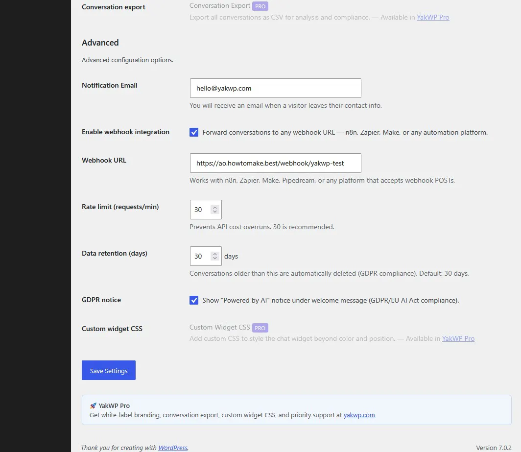 YakWP – Free WordPress AI Chatbot plugin gallery image