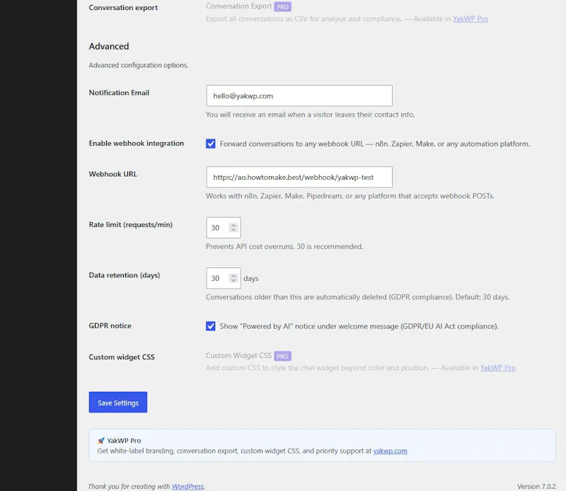 YakWP – Free WordPress AI Chatbot plugin screenshot 5
