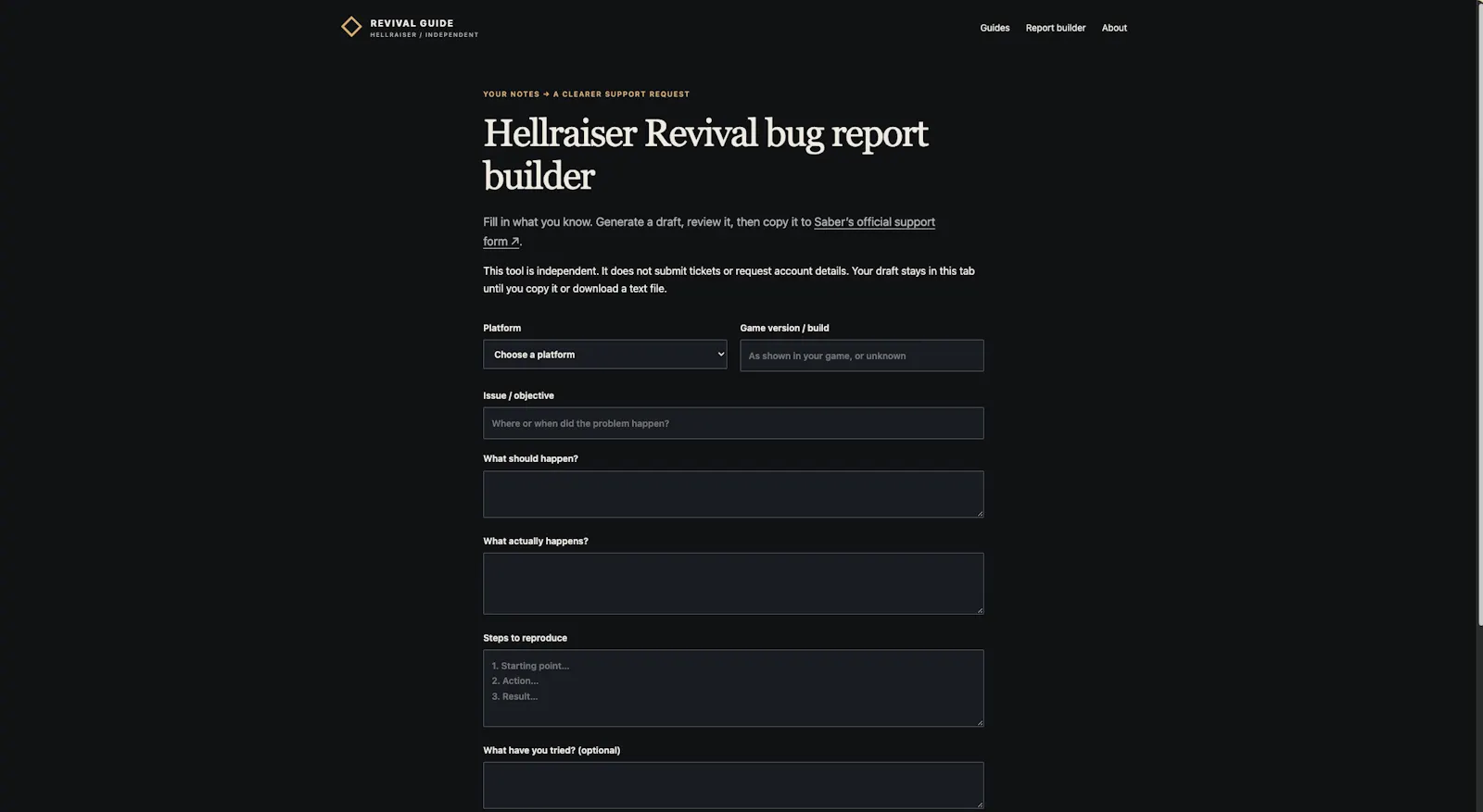 Revival Guide — Bug Report Builder screenshot 2