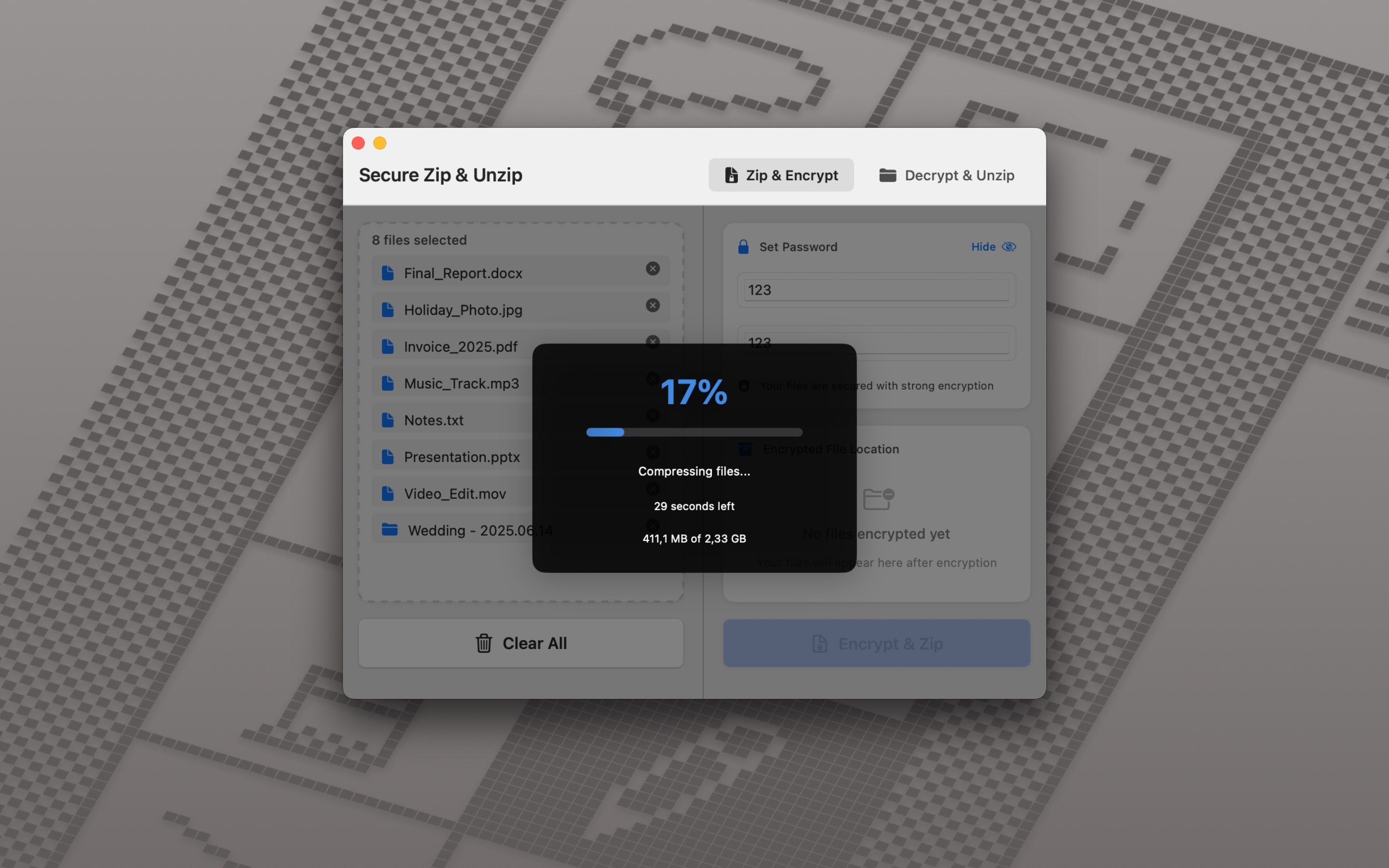 Mídia 5 de Zip e descompactação segura - Criptografia Zip Fast - Apple Silicon Metal alimentado