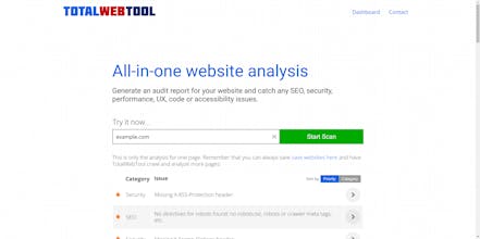 Панель инструментов TotalWebTool, демонстрирующая рейтинги SEO, показатели производительности и стандарты кибербезопасности.