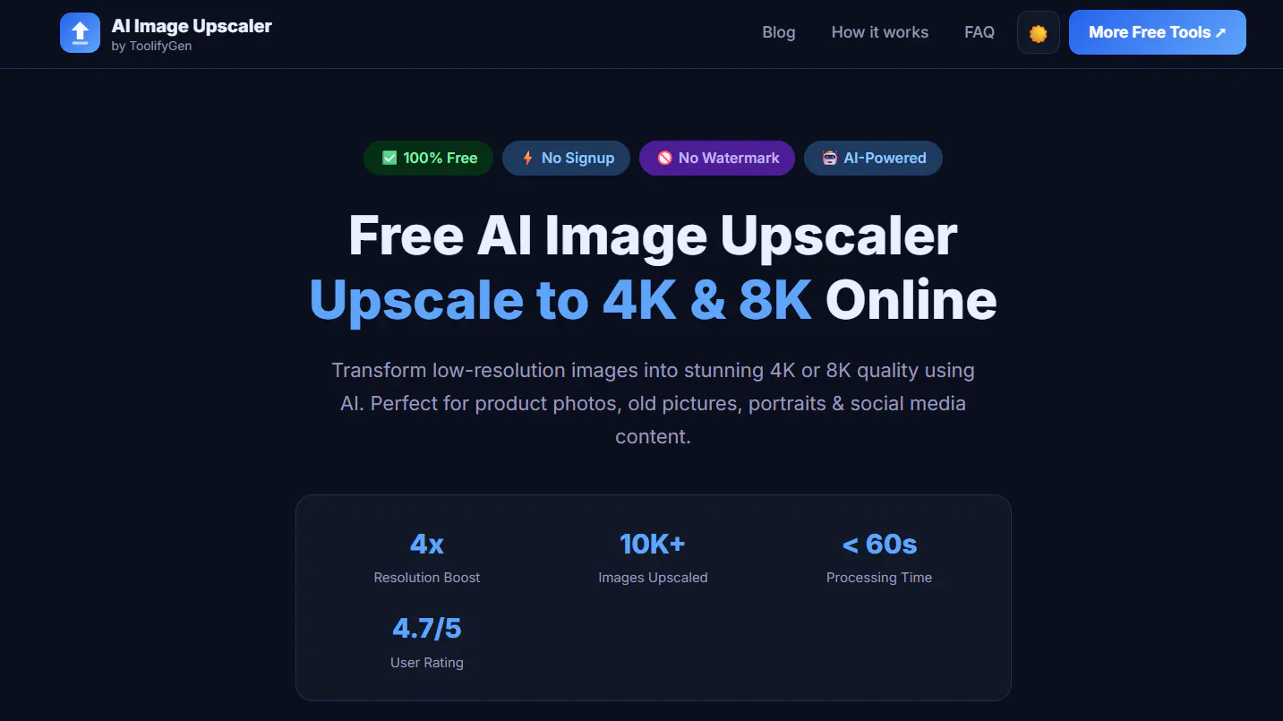 AI Image Upscaler by ToolifyGen 제품 배너