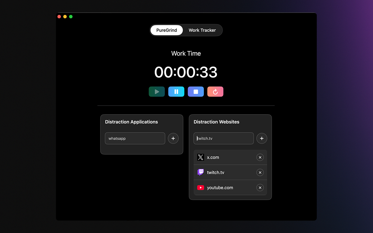 Mídia 1 de Puregrind - Descubra quanto tempo você está realmente focado.