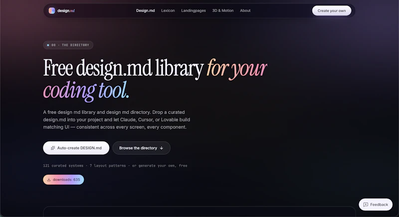Free DESIGN.md library + UX / UI Lexicon screenshot 2