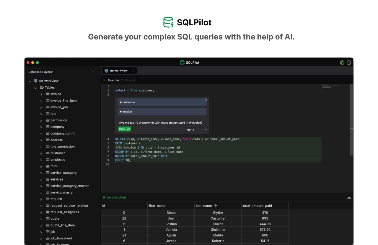 startuptile SQLPilot-AI First SQL Editor - write complex queries with AI